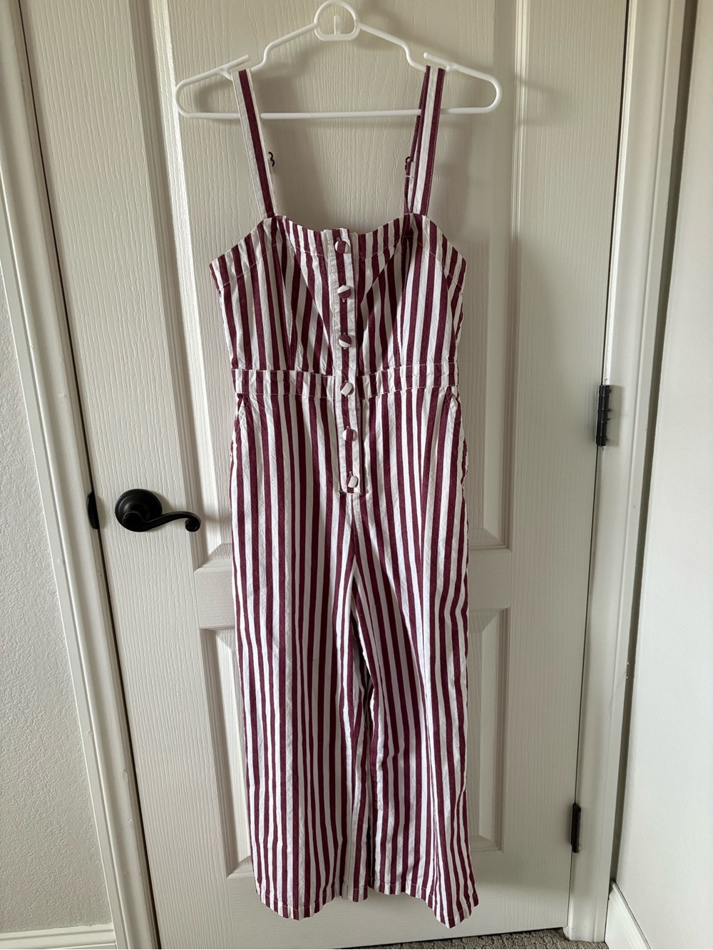 Forever 21 Maroon and White Striped Jumpsuit